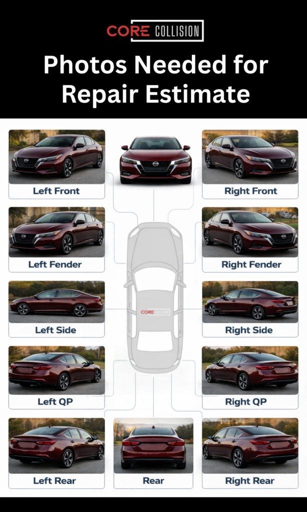 description of the areas of the car you need to take photos of for a collision repair estimate from Core Collision in Georgetown, Kyle, Buda.