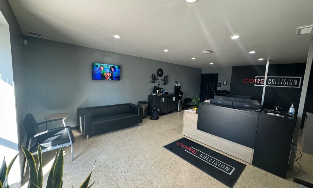 Core Collision Kyle - Buda customer lobby with clean modern interior, reception desk, and waiting area at a collision repair and paint repair facility in Kyle Texas.